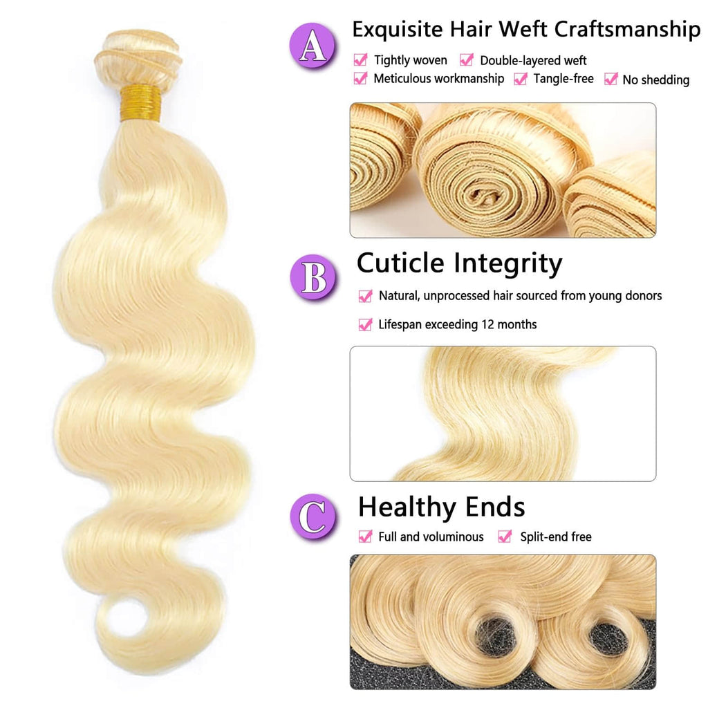 StariaHair #613 Blonde Body Wave Remy Human Hair Bundles - Weft and Texture Details