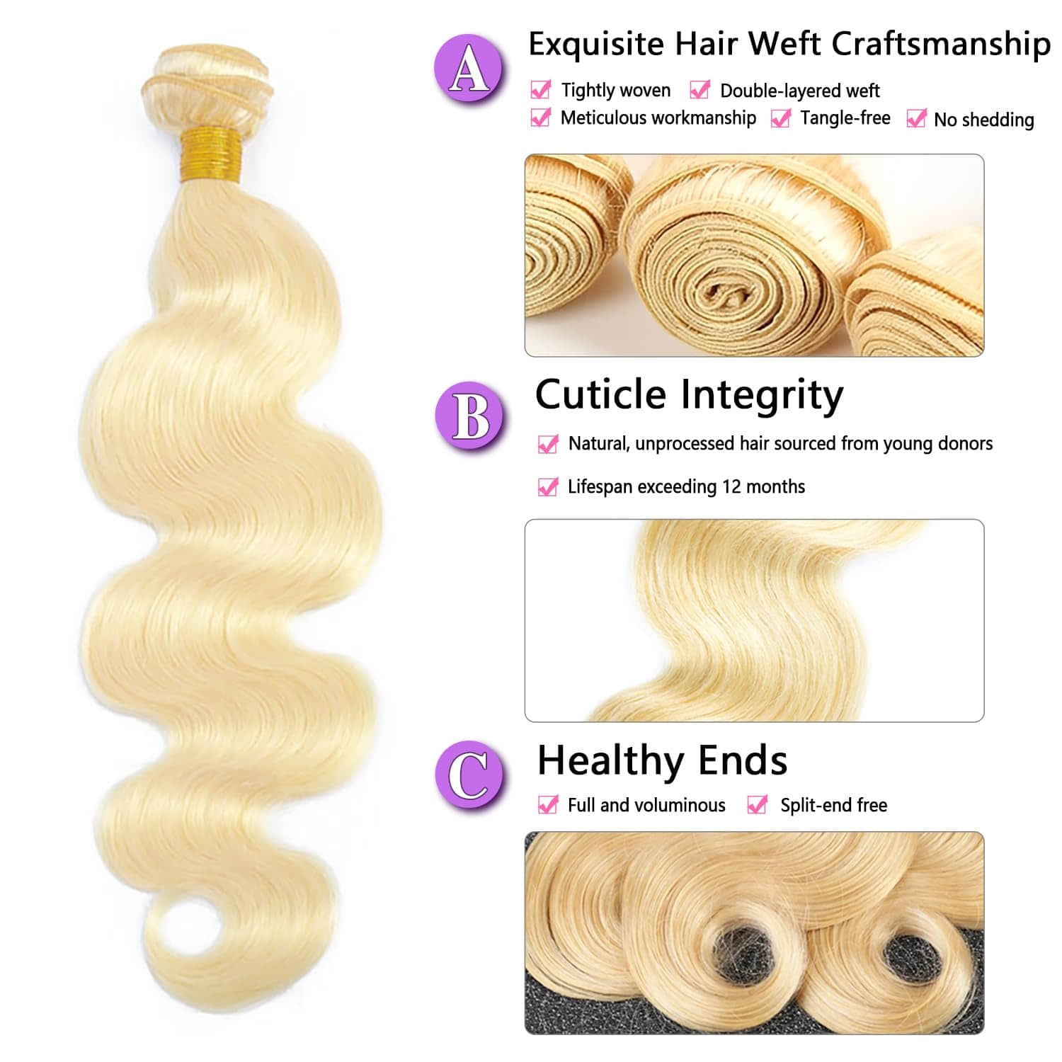 StariaHair #613 Blonde Body Wave Remy Human Hair Bundles - Weft and Texture Details