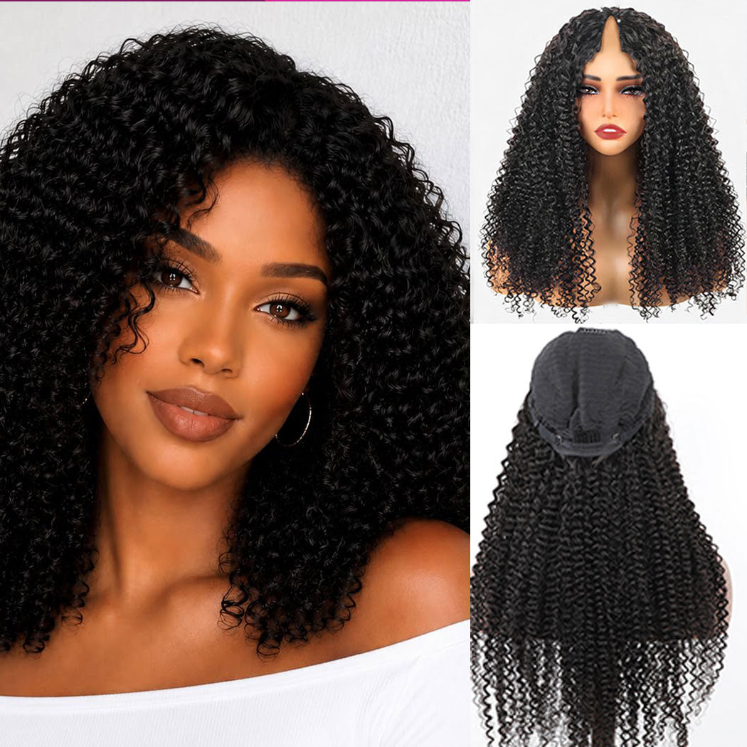 Stariahair 10A 180% Average Size V Part Wig Kinky Curly Natural Black