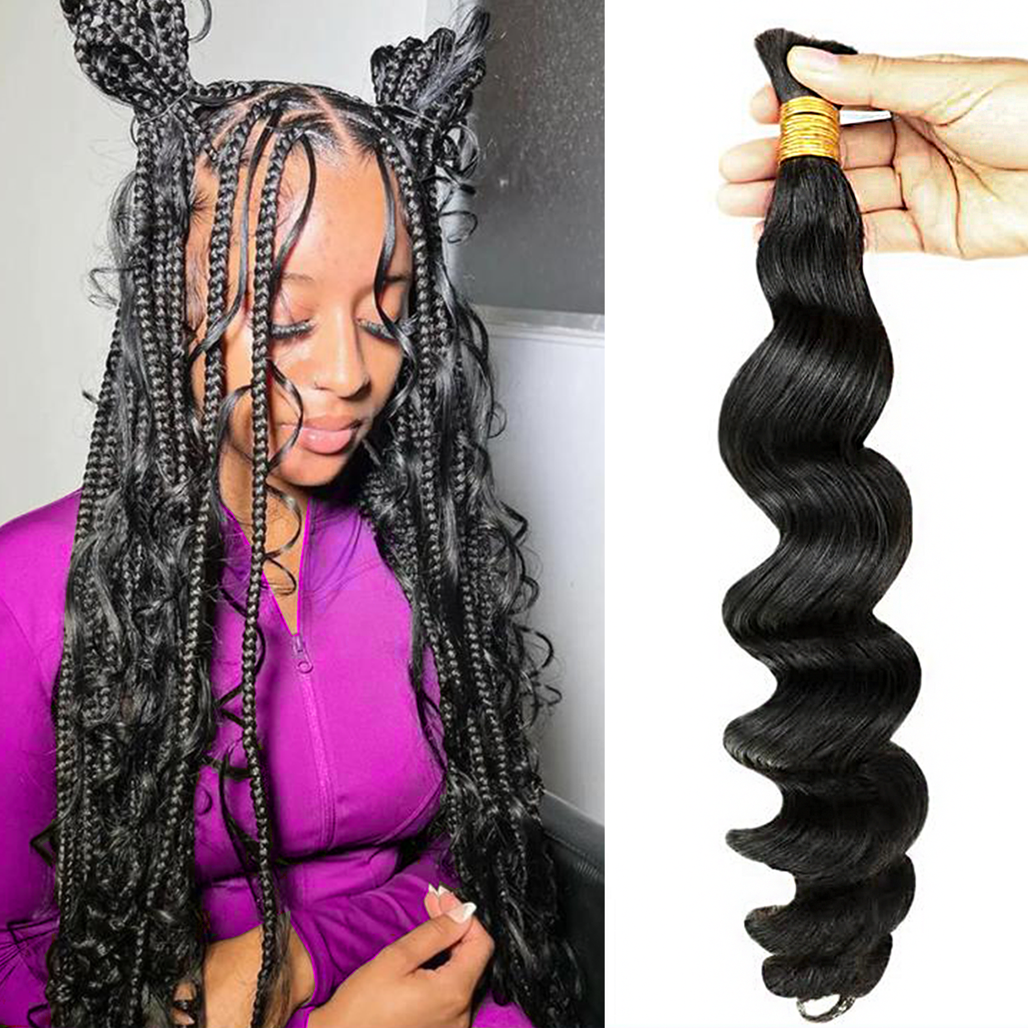 StariaHair Loose Wave Bulk Hair for Braiding #1B bundle and styled look