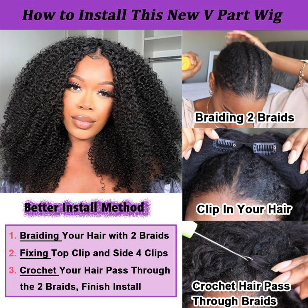 Stariahair 10A 180% Average Size V Part Wig Kinky Curly Natural Black