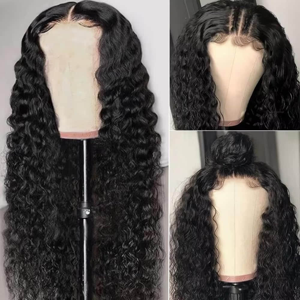 StariaHair 5"x5" Deep Wave Transparent Glueless Lace Closure Wig #1B