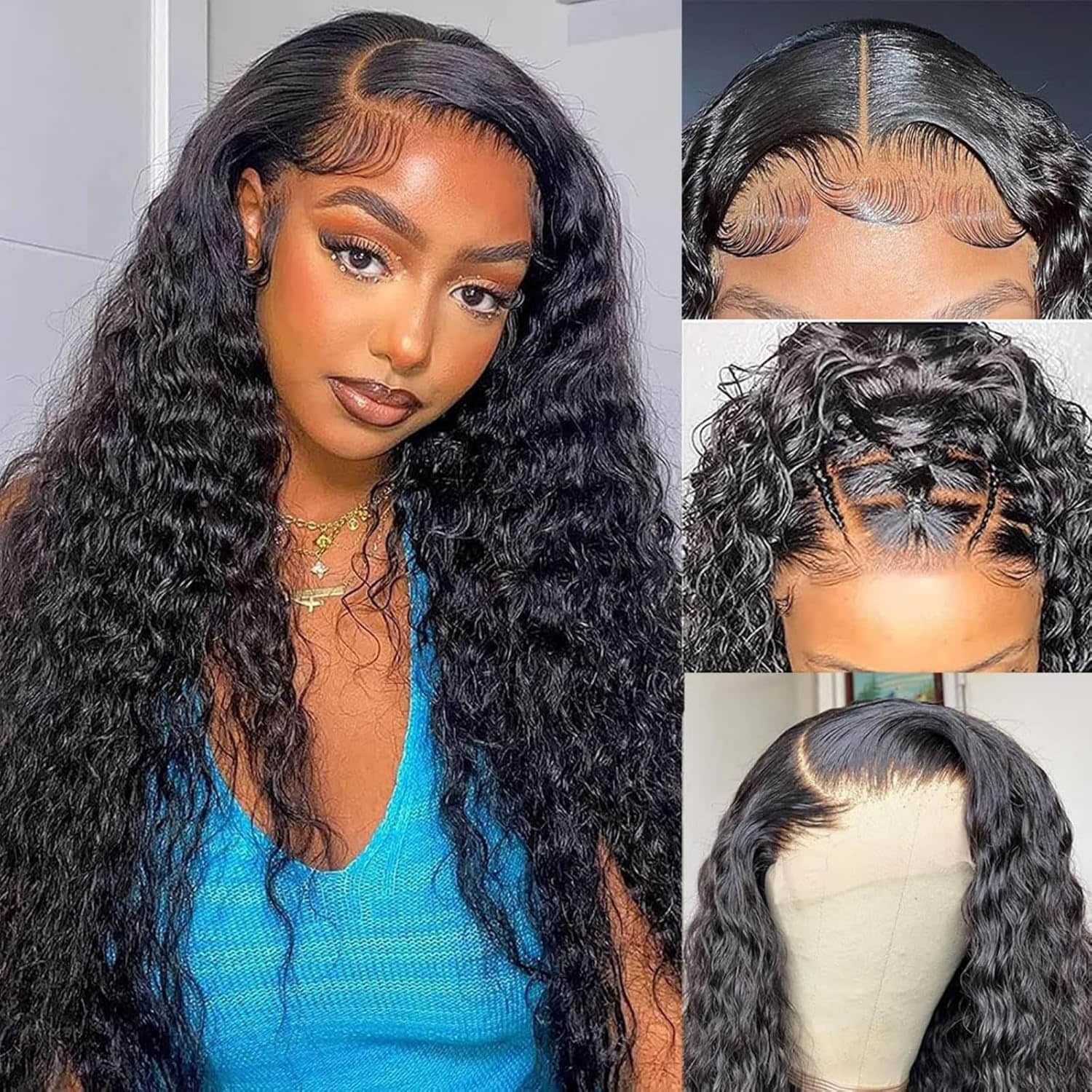 StariaHair 5"x5" Water Wave Transparent Glueless Lace Closure Wig #1B