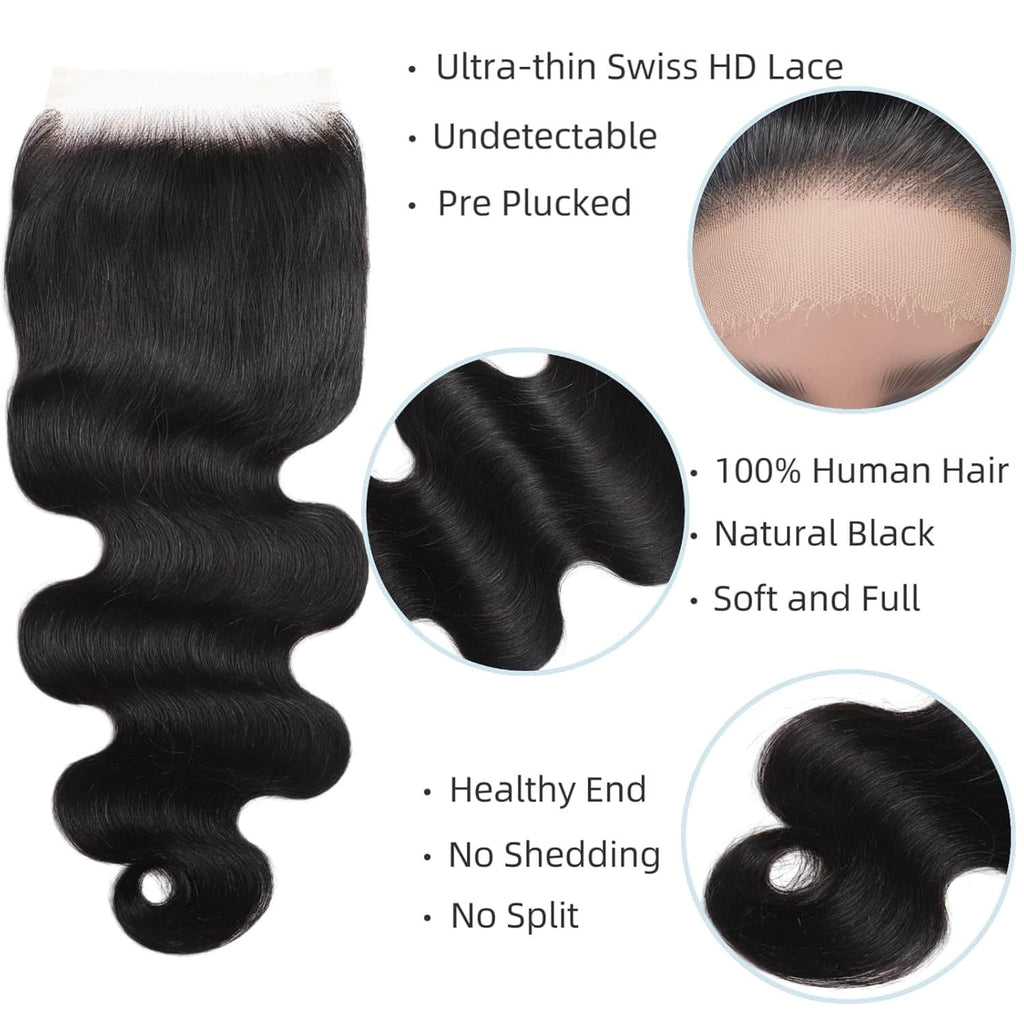 StariaHair 14-20 Inch 5"x5" HD Lace Closure Body Wave #1B