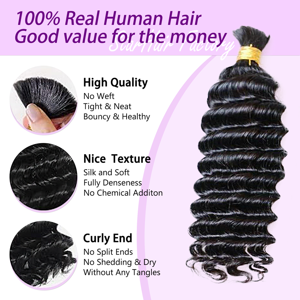 StariaHair 14-24 Inch Deep Wave Hair Bulk Hair for Braiding #1B