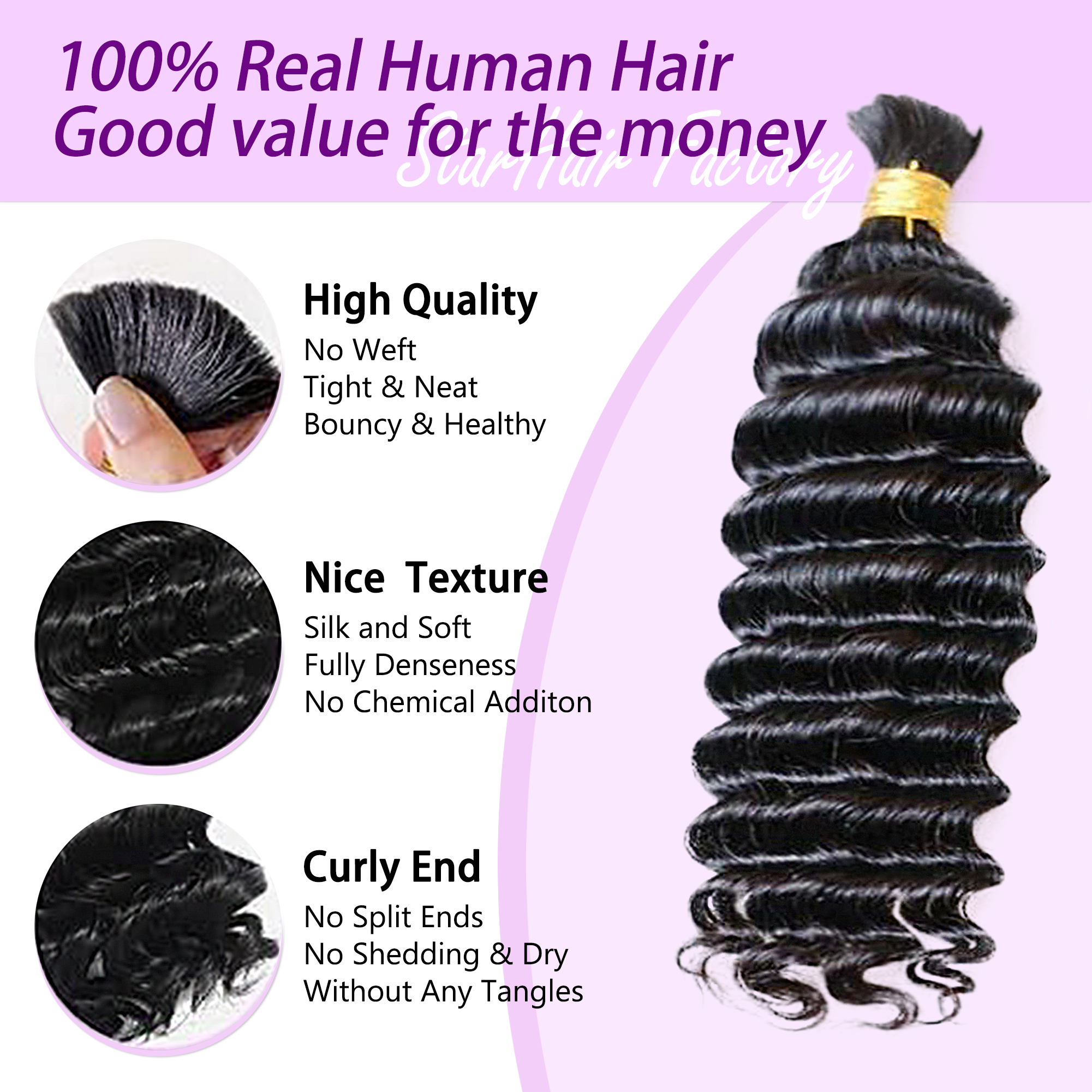 StariaHair 14-24 Inch Deep Wave Hair Bulk Hair for Braiding #1B