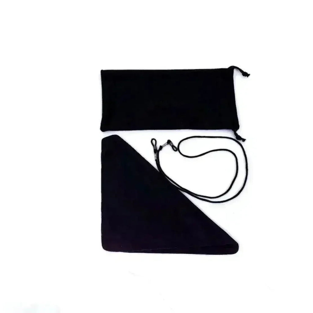 Included sunglasses accessory set with microfiber pouch cloth and strap