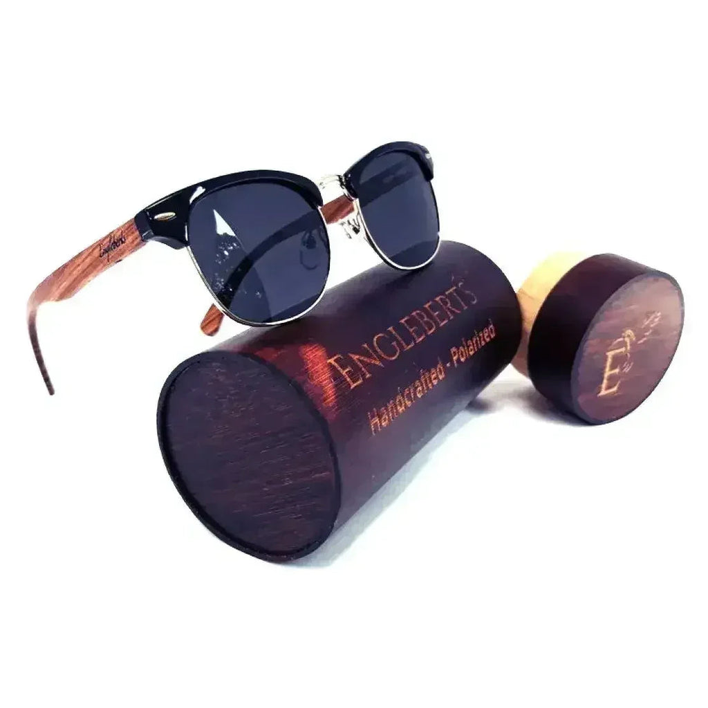 Real walnut wood club style sunglasses with cylindrical bamboo case