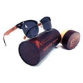 Real walnut wood club style sunglasses with cylindrical bamboo case