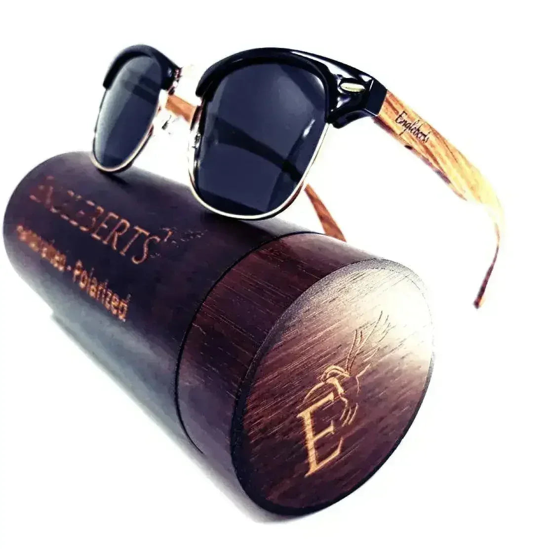 Engleberts polarized walnut wood club style sunglasses with wooden case