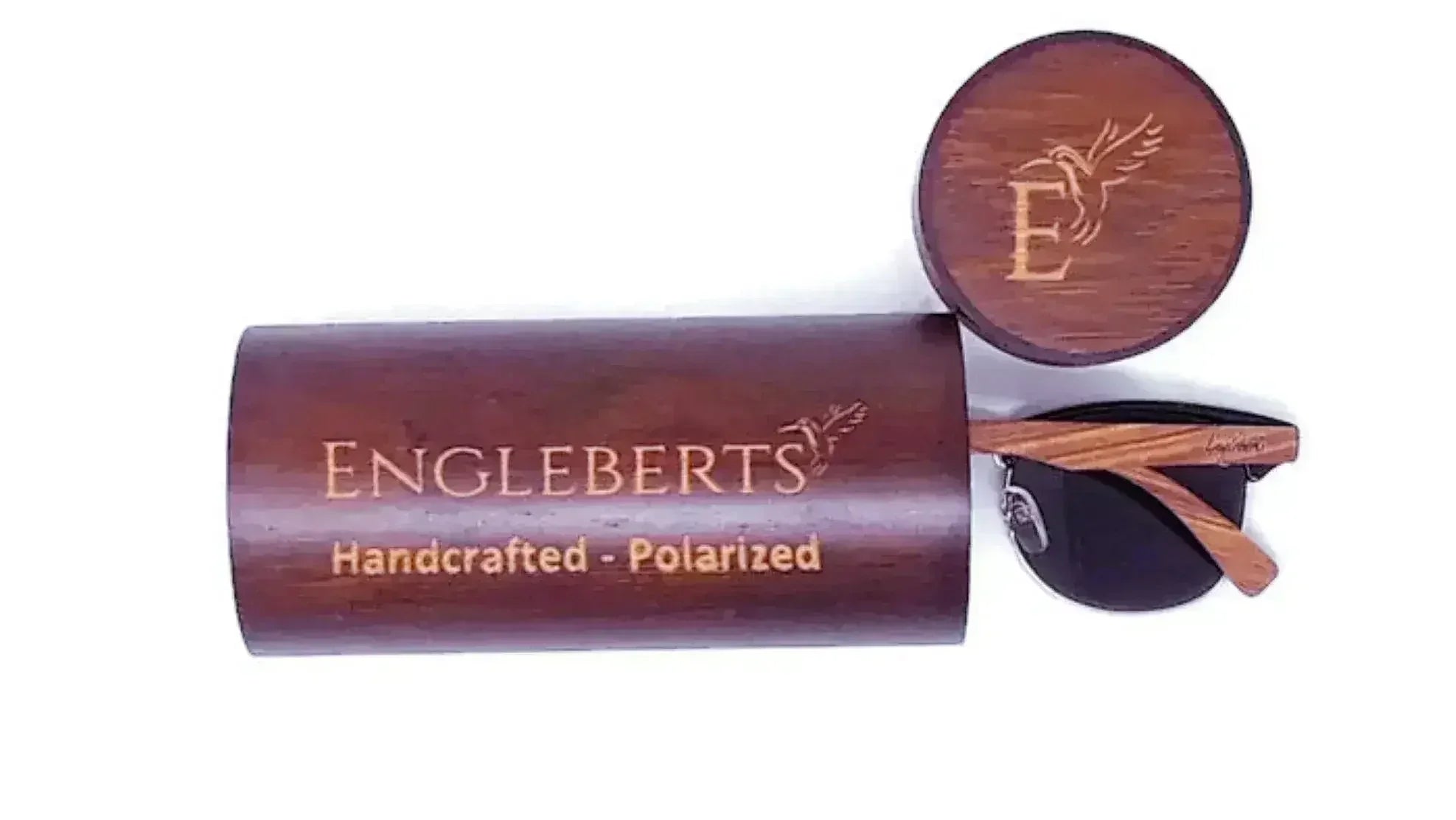 Walnut wood club sunglasses and engraved bamboo storage case top view