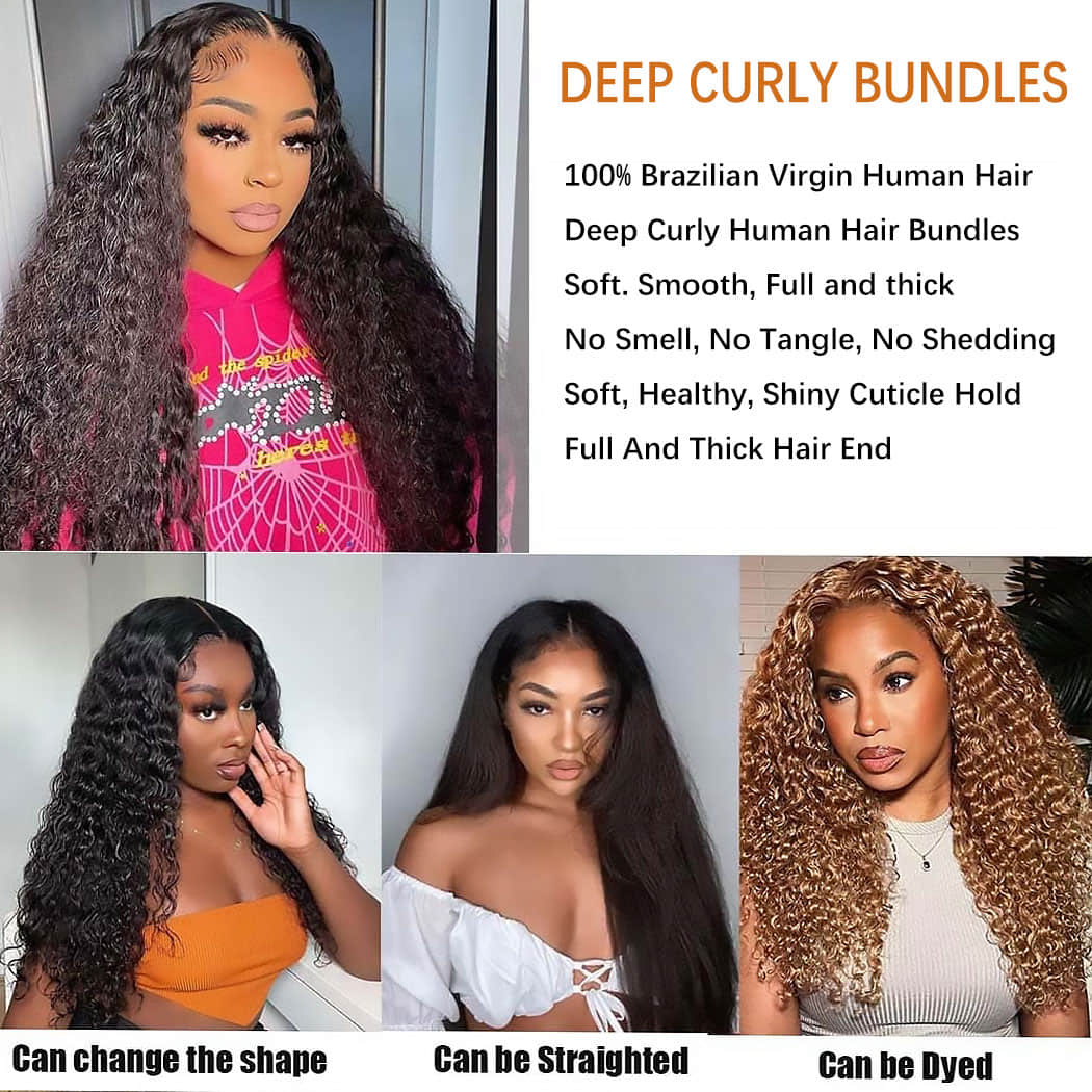 StariaHair 10-30 Inch Deep Curly Brazilian Virgin Hair Bundles #1B