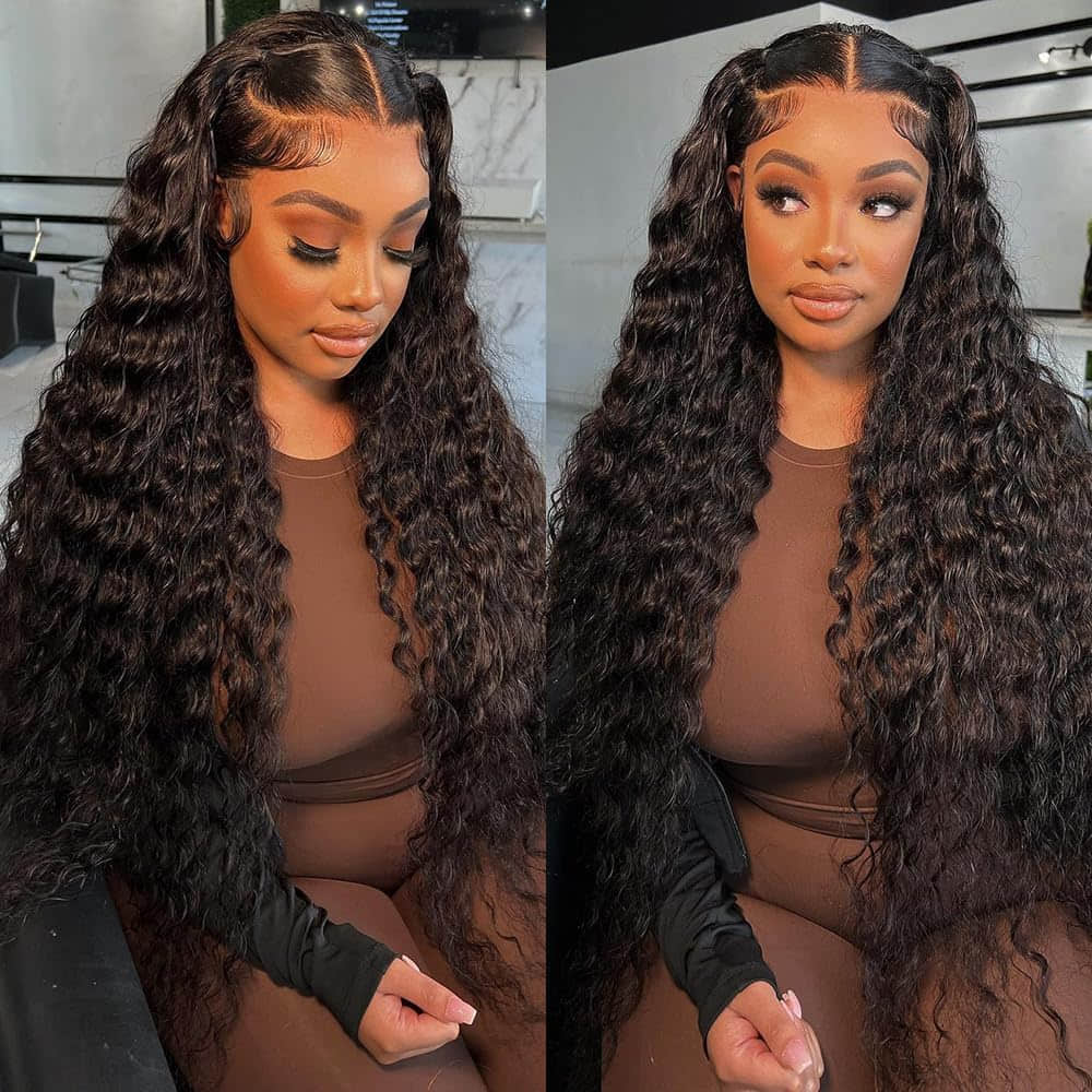 StariaHair Deep Wave Brazilian Virgin Hair full length installed model view