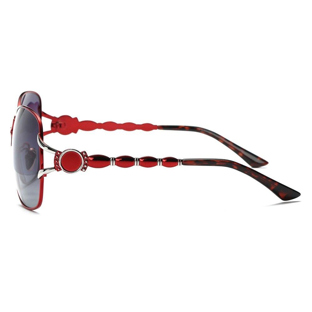 Stevvex red fashion sunglasses side profile with decorative temple details
