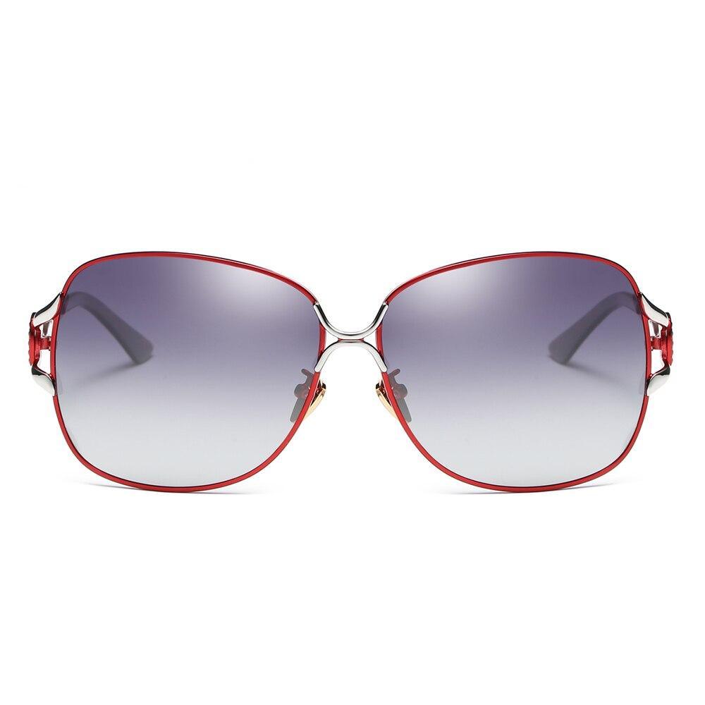 Stevvex women's polarized sunglasses with red frame and gradient lenses front view