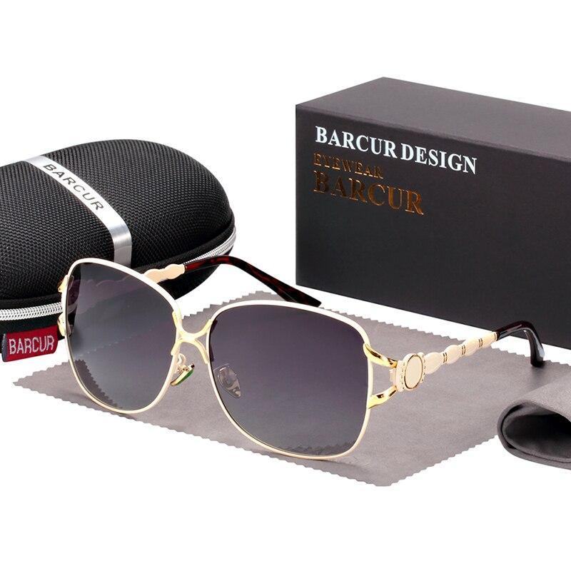 Stevvex gold-toned women's sunglasses with branded case and packaging