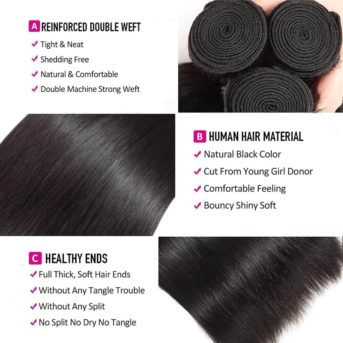StariaHair 10-30 Inch Straight Brazilian Virgin Hair Bundles #1B