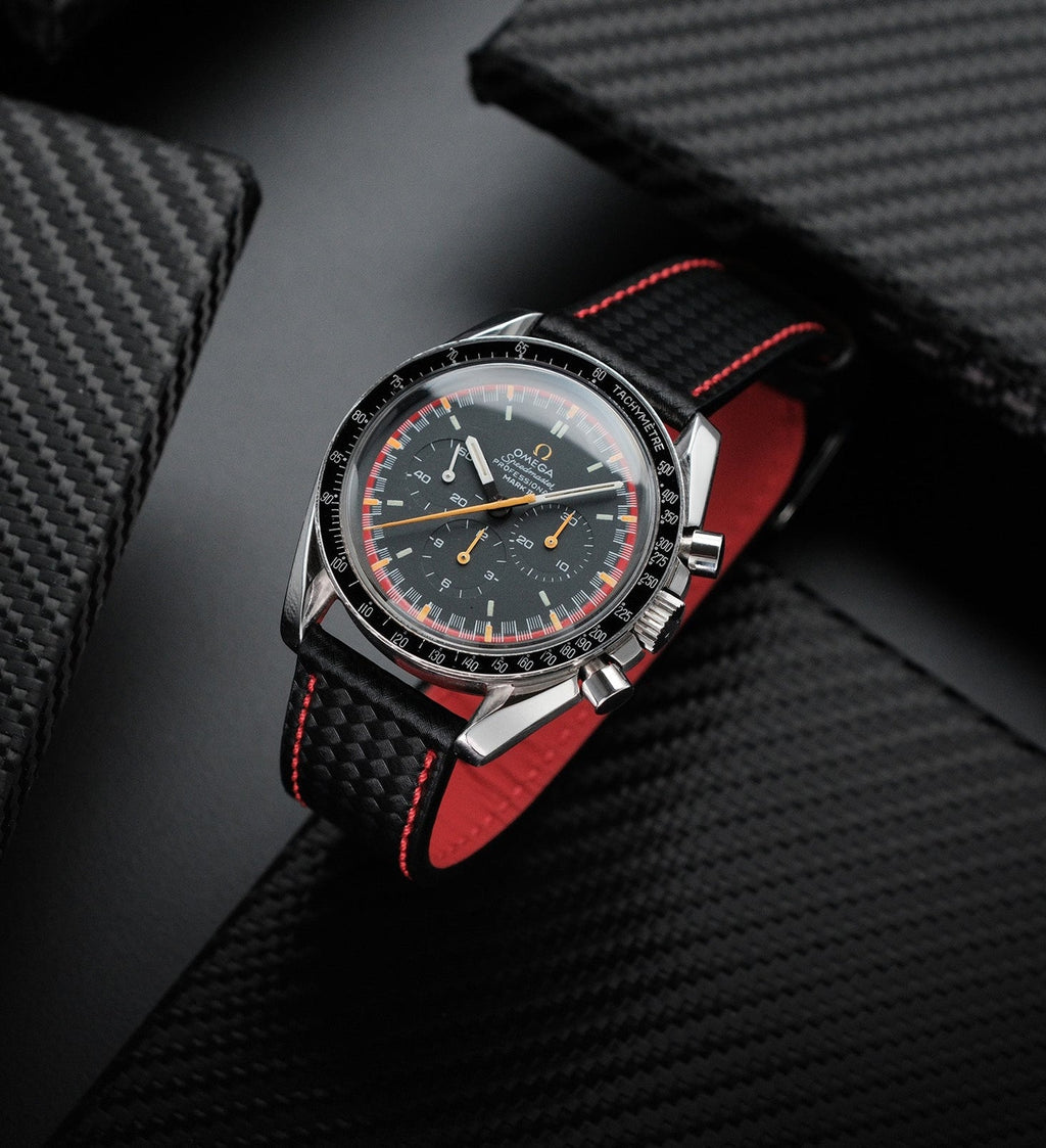Carbon Fiber Red Stitched Leather Watch Strap 20mm