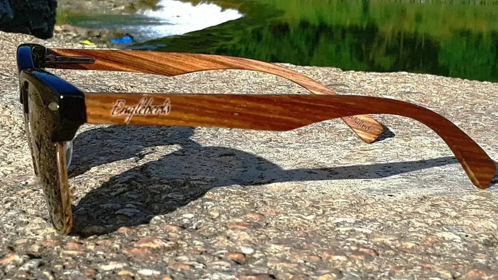Engraved walnut wood sunglasses temple arm outdoor profile