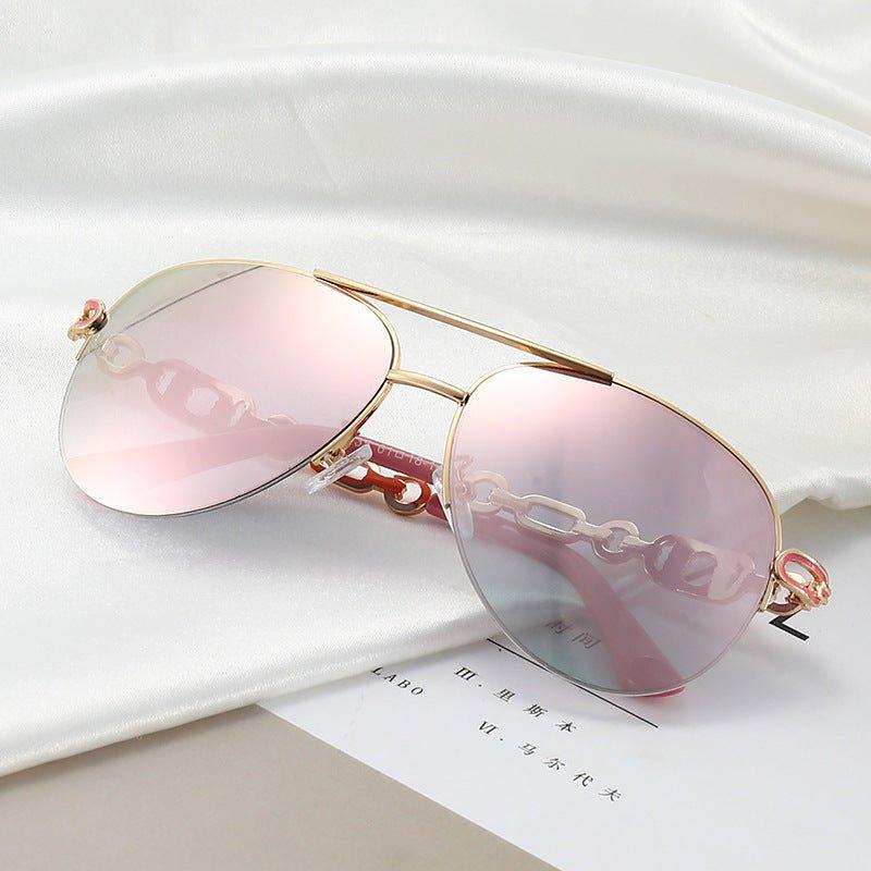 MAC140 Metal Fashion Sunglasses with pink gradient lenses and gold chain temples