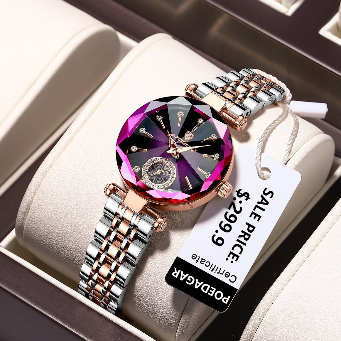 Luxury Crystal Dial Watch – Round Quartz Stainless Steel Fashion Timepiece