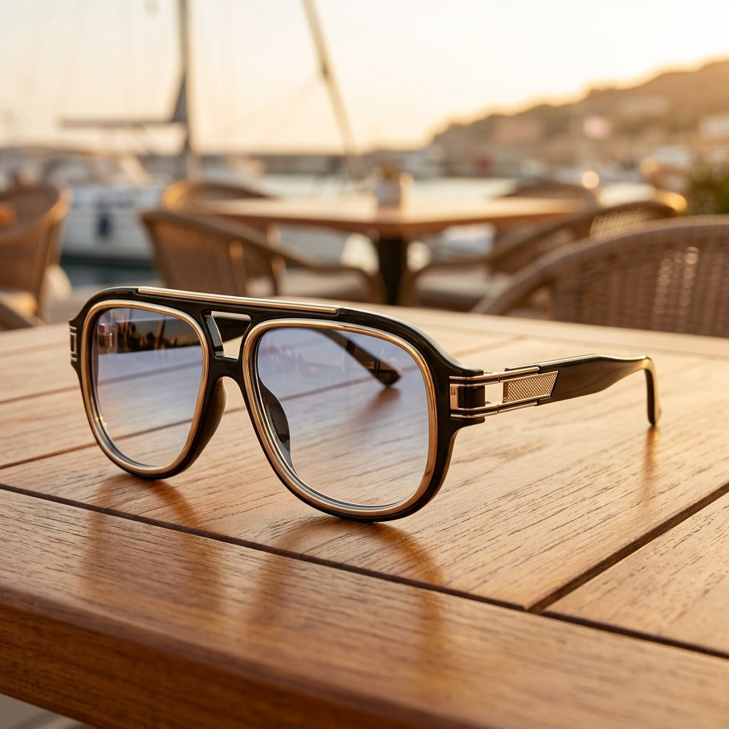 Stevvex Men's Oversized Vintage Sunglasses - Seaside cafe lifestyle setting