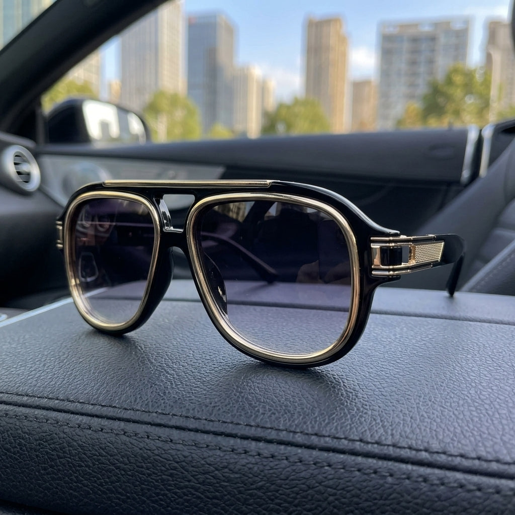Stevvex Men's Oversized Vintage Sunglasses - Luxury car interior lifestyle setting