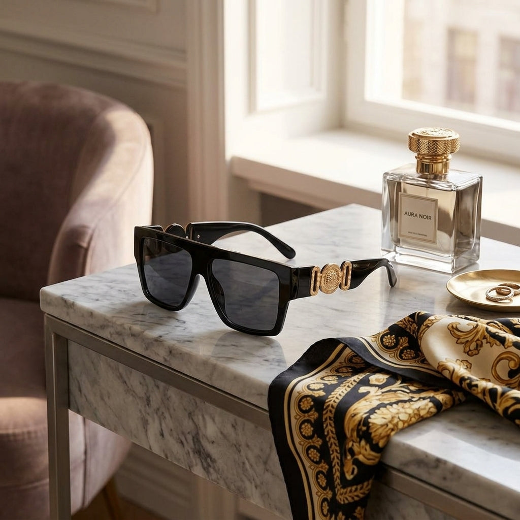 Oversized Square Sunglasses on Marble Table Lifestyle