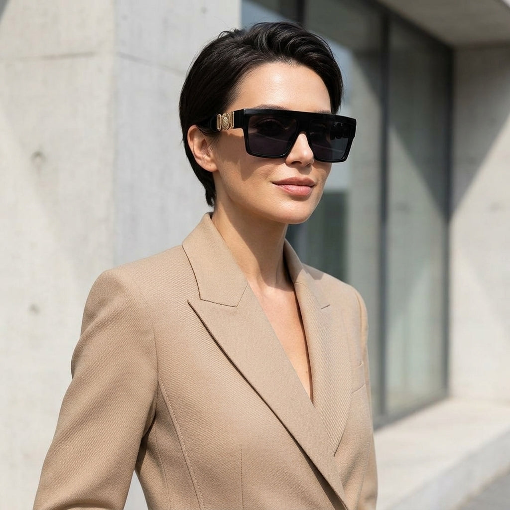 Oversized Flat Top Sunglasses Worn by Model in Beige Blazer