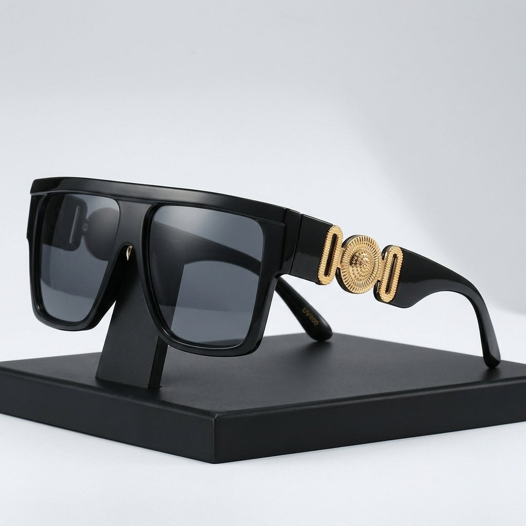 Oversized Flat Top Sunglasses Display Visual on Studio Pedestal