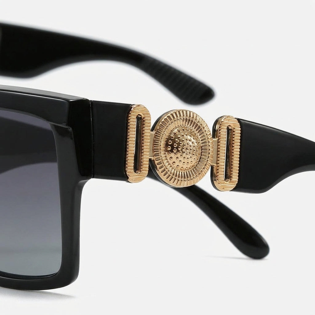 Oversized Square Sunglasses Gold Medallion Temple Close-Up