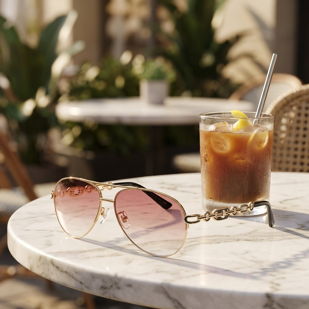 MAC140 Metal Fashion Sunglasses on outdoor cafe marble table with iced drink