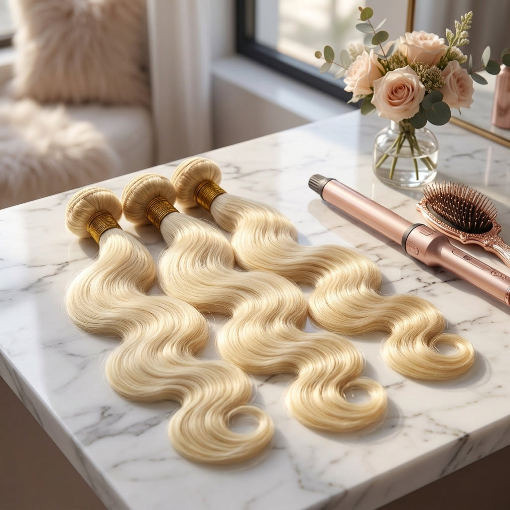 StariaHair #613 Blonde Body Wave Remy Human Hair Bundles - Marble Vanity Lifestyle View