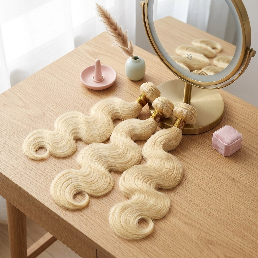 StariaHair #613 Blonde Body Wave Remy Human Hair Bundles - Dressing Table Lifestyle Setting