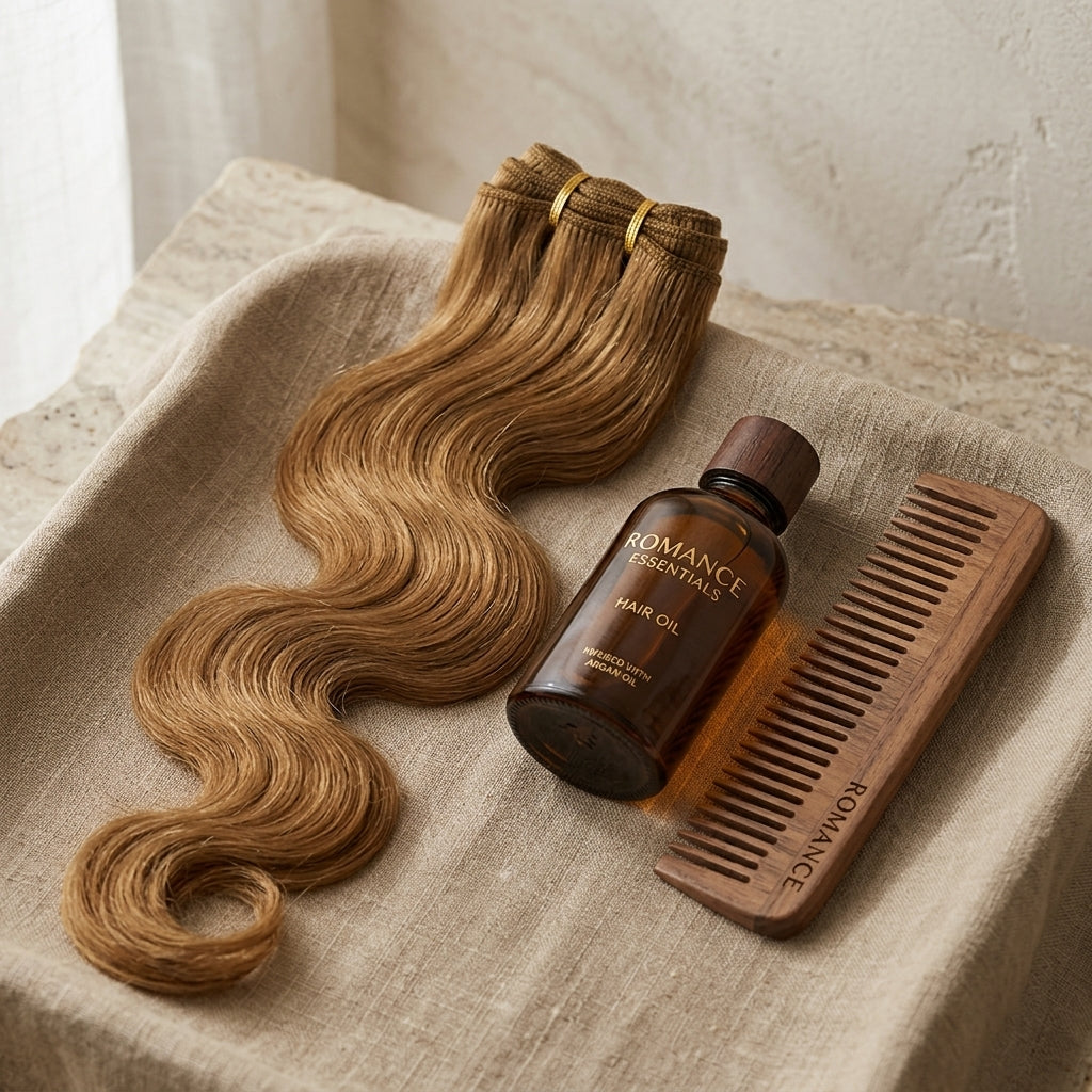Unique's Human Hair Romance Curl 14 Inch Lifestyle Setting with Beauty Accessories