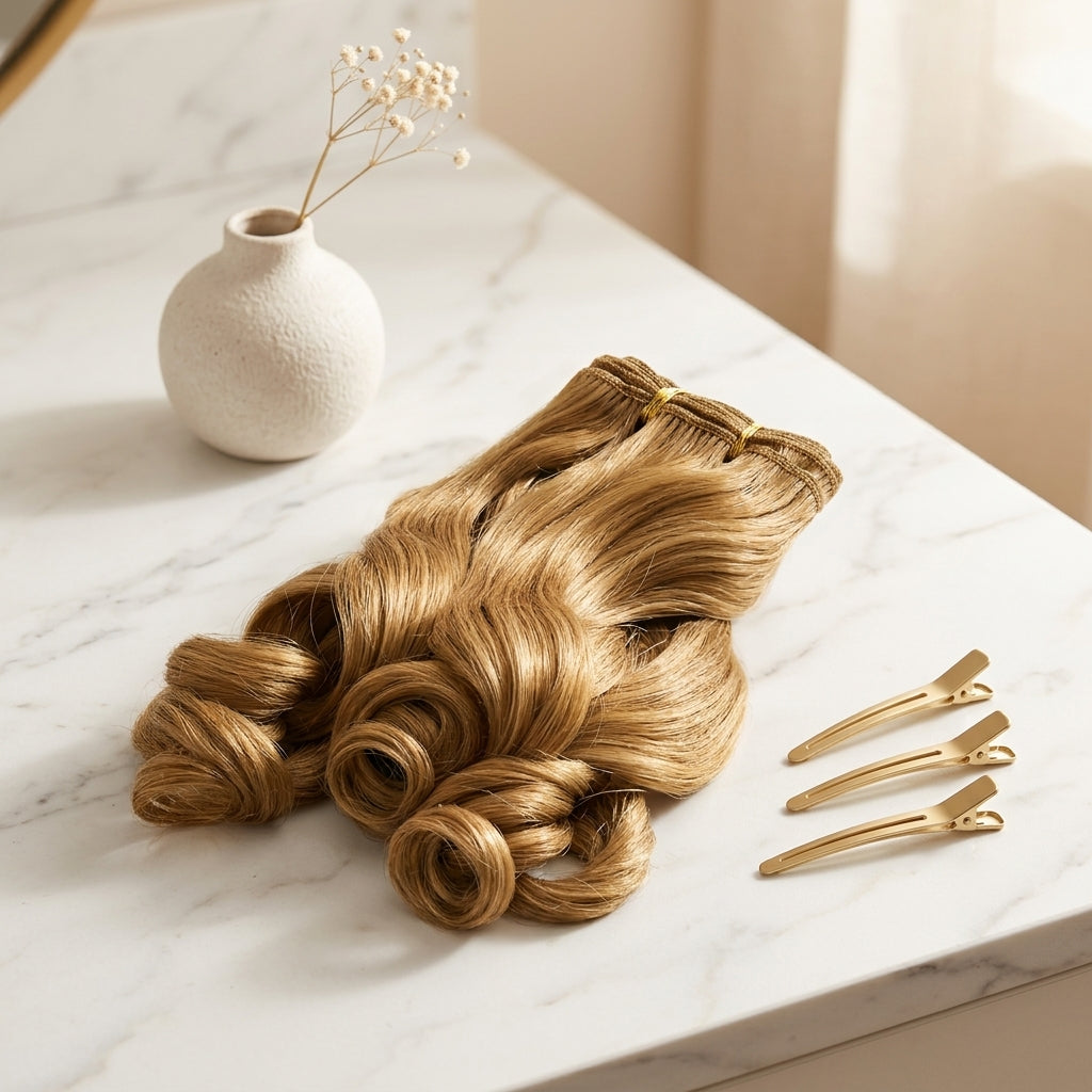 Unique's Human Hair Romance Curl 14 Inch on Luxury Marble Vanity