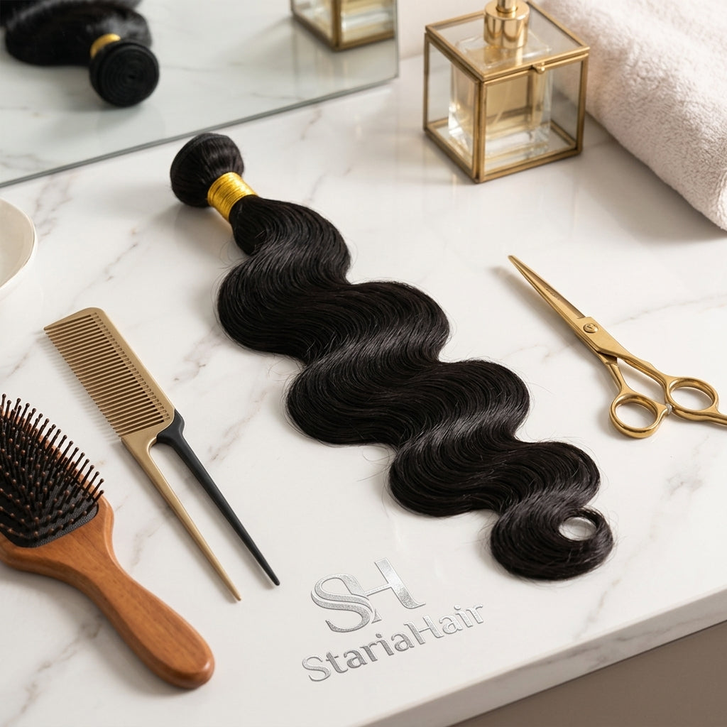 StariaHair Loose Wave Bulk Hair lifestyle salon marble display