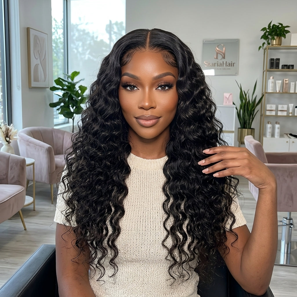 StariaHair Deep Wave Brazilian Virgin Hair installed lifestyle salon model view