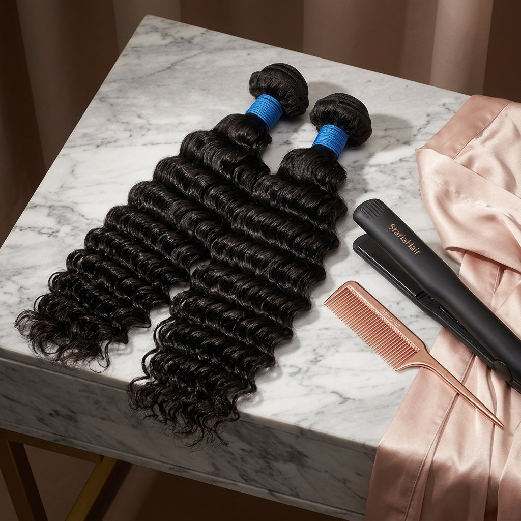 StariaHair Deep Wave Brazilian Virgin Hair Bundle on luxury salon vanity