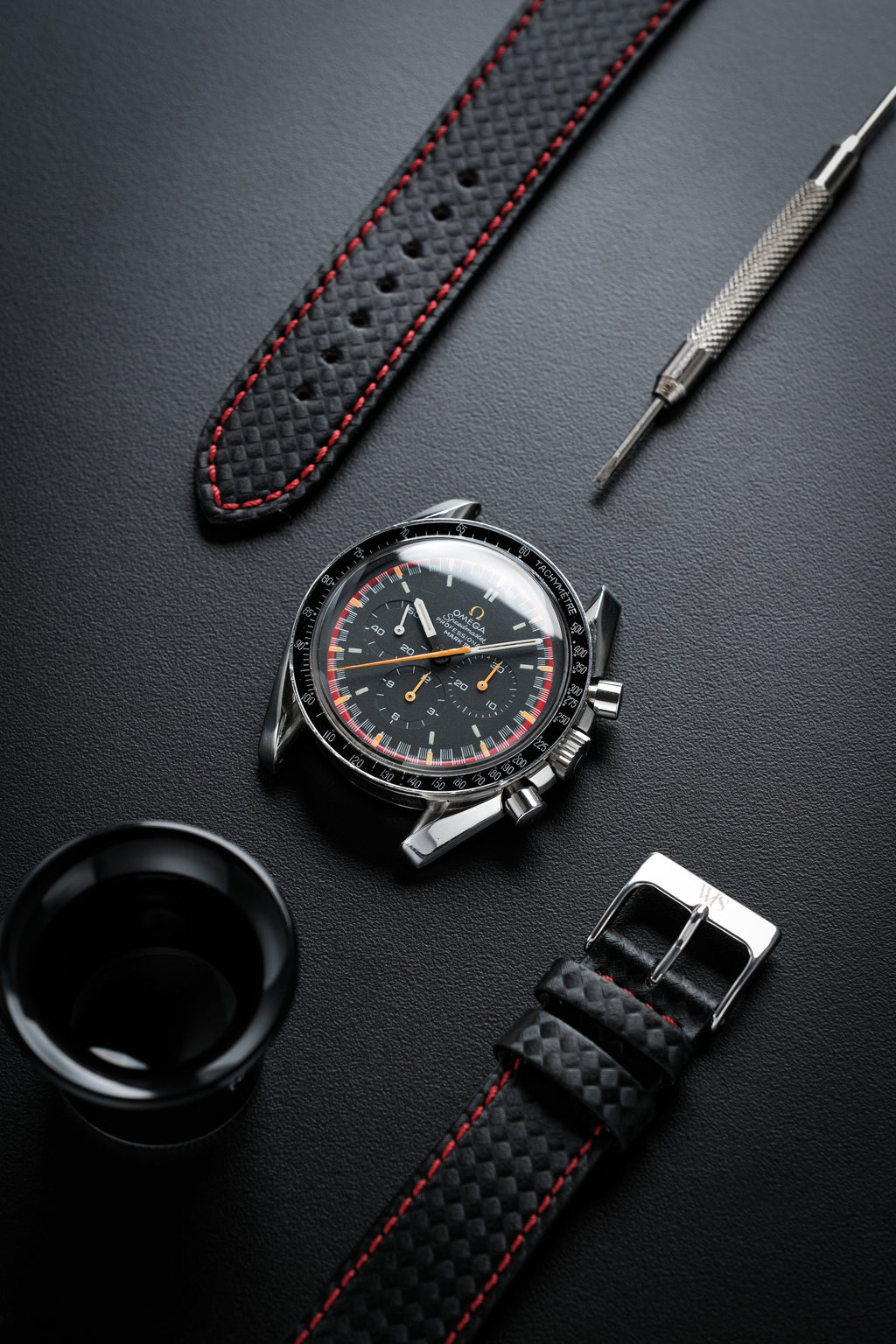 Carbon Fiber Red Stitched Leather Watch Strap 20mm