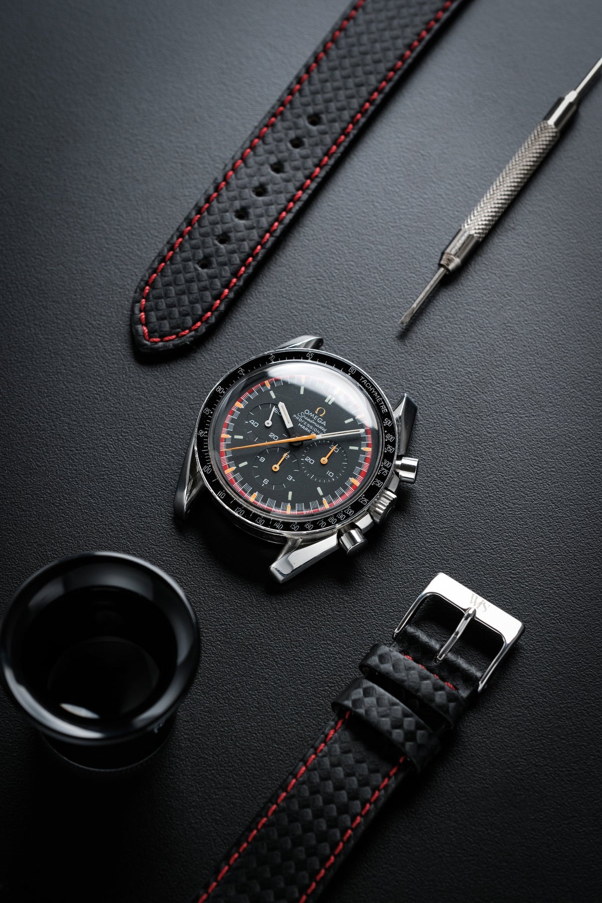 Carbon Fiber Red Stitched Leather Watch Strap 20mm